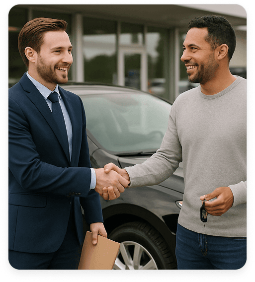 Dois homens apertando as mãos em frente a um carro